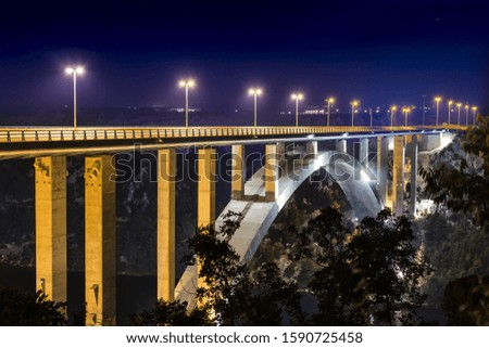 A suspension bridge with concrete columns under the night sky