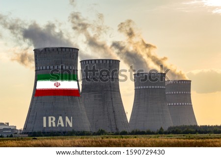 Nuclear plant chimneys displaying flag of Iran with according text. Energy pollution accidents in the country concept. Power production and generation from atomic energy. Royalty-Free Stock Photo #1590729430