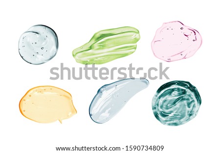 Set of cosmetic gel, serum swatches isolated on white background. Different colored transparent skincare product smear smudge sample collection. Liquid cream with bubbles texture Royalty-Free Stock Photo #1590734809