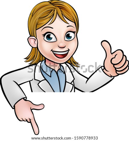 A cartoon scientist professor or doctor wearing lab white coat peeking above sign pointing and giving a thumbs up