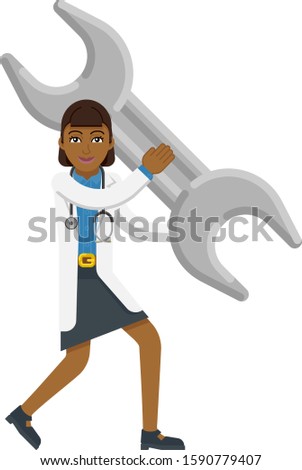 An Asian doctor cartoon character mascot woman holding a big spanner wrench concept 