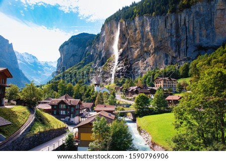 Valley of Lauterbrunnen - the most spectacular place in Switzerland, European Alps. Royalty-Free Stock Photo #1590796906