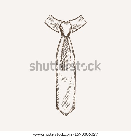 Classic tie with collar hand drawn illustration. Elegant official necktie. Formal wear male accessory freehand ink drawing. Sketched apparel. Isolated monochrome neckwear design element