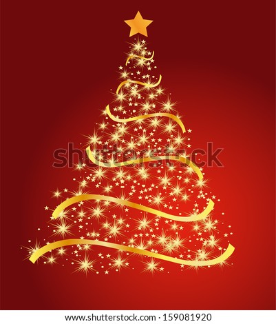 Golden fir on a red background, Christmas tree vector
