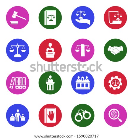 Law And Justice Icons. White Flat Design In Circle. Vector Illustration.