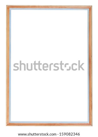 narrow wooden and blue painted vertical picture frame with cutout canvas isolated on white background