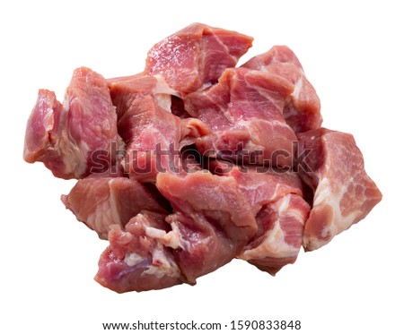 Close up of raw pork slices, nobody. Isolated over white background