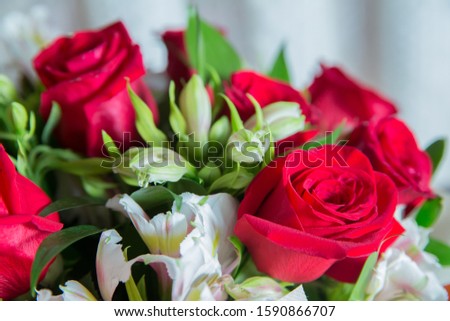 Bouquet of fresh red roses . bouquet of multicolored roses . Red flower picture close up in the bouquet. The flower's petal