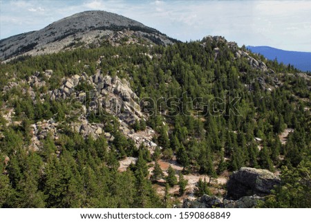 interesting mountain in a green forest under a blue sky with white clouds on a summer day