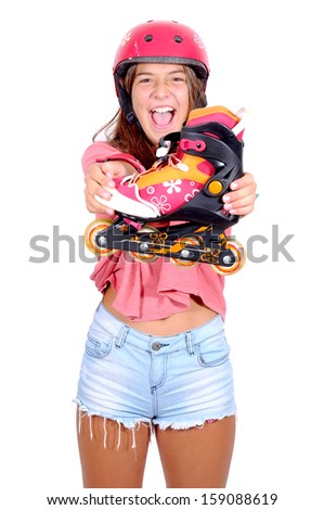 teenage girl with roller skates isolated in white