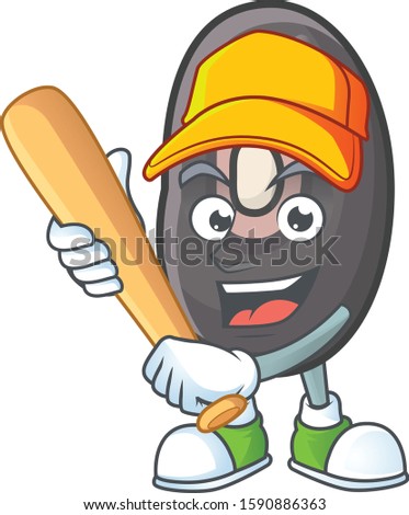 Funny smiling black beans cartoon mascot with baseball