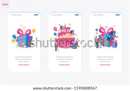 Template for mobile app page, Happy birthday card. Big birthday cake, gift box. Surprise, balloons, Vector illustration for web banner, infographics, mobile. Happy people in the birthday part