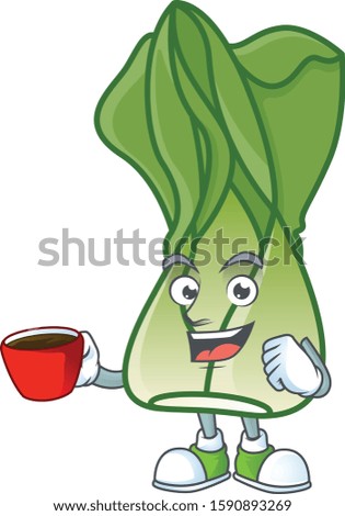 Picture of bok choy character with a cup of coffee