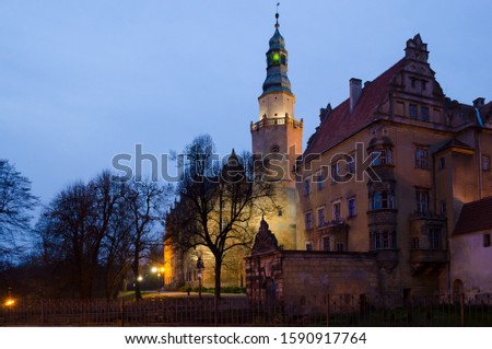 Medieval European Castle in Olesnica, Lower Silesia, Poland. Blue hour time picture of historical building