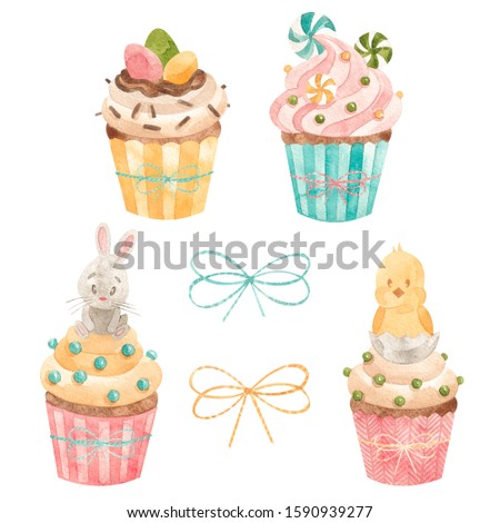 Watercolor spring illustration for Easter. Cupcakes with rabbit, eggs, chicken and bows. Suitable for stickers, cards and invitations.