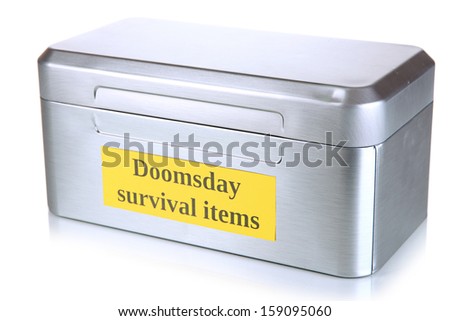 Silver box with survival items isolated on white