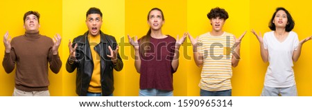 Set of people over isolated yellow background frustrated by a bad situation