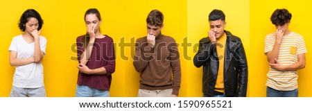 Set of people over isolated yellow background having doubts