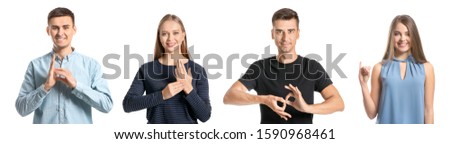 Deaf mute people using sign language on white background Royalty-Free Stock Photo #1590968461