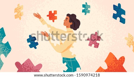 Self healing, recovery flat vector illustration. Woman assembling herself cartoon character. Girl feeling incomplete, looking for fitting puzzle pieces. Mental rehabilitation, psychotherapy concept. Royalty-Free Stock Photo #1590974218