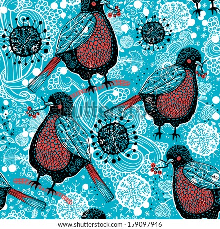 Christmas vector seamless pattern with funny birds and abstract snowflakes