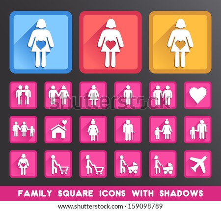 Family Square Icons with Shadows. 