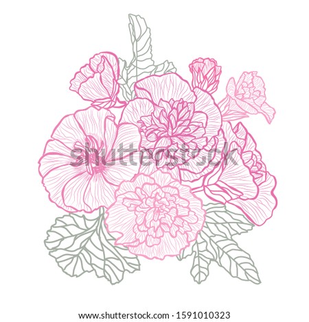 Decorative hand drawn malva  flowers, design elements. Can be used for cards, invitations, banners, posters, print design. Floral background in line art style