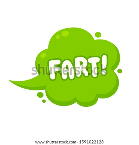 Green cartoon cloud of gas with comic style text "Fart!". Funny flatulence symbol, vector clip art illustration.