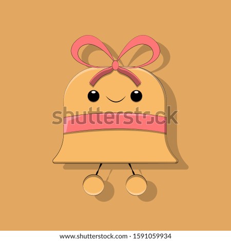 vector illustration of a cartoon Christmas bell with yellow highlights and shadows with a pink ribbon and a bow on an orange background