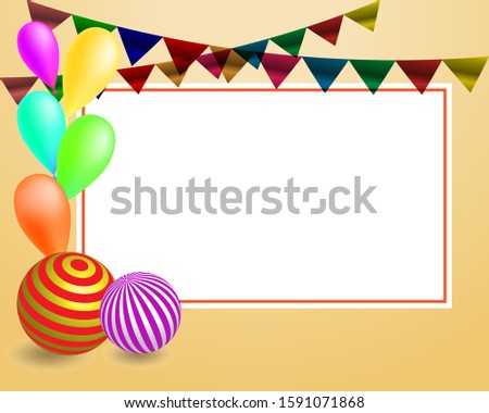 festive background of children's holiday with flags, balloons and a sheet of paper for text on a soft peach background