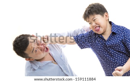 Father and son playing and punching each other on white isolated background