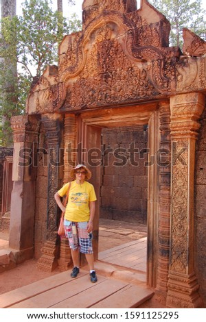 Tourists visit Benteay Srei temple, Cambodia