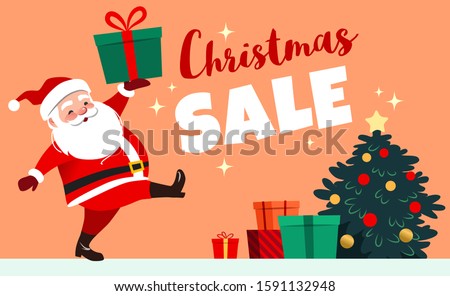 Cute smiling Santa Claus marching carrying a wrapped gift, Christmas Sale caption, decorated Christmas tree with presents in the background. Christmas sale design element for retail promotional poster
