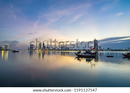 Da Nang city at sunset which is a famous destination for tourists.