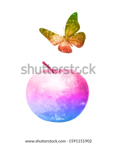 watercolor apple with butterfly isolated on a white background. template for design