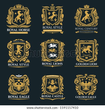 Heraldic animals, royal heraldry emblems, Pegasus horse, Griffin lion and Medieval eagle icons. Vector imperial heraldic shields and coat of arms, gryphon and griffon with golden royal crown Royalty-Free Stock Photo #1591157410