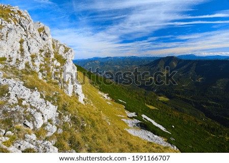 Summer Alpine view with high mountains and clouds in a summer day
