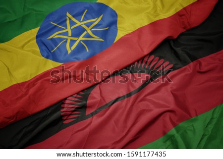 waving colorful flag of malawi and national flag of ethiopia . macro