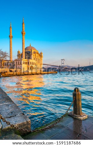 Ortakoy mosque and Bosphorus bridge, Istanbul, Turkey Royalty-Free Stock Photo #1591187686