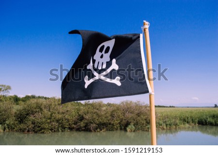 Black pirate flag with skull and crossbones close up