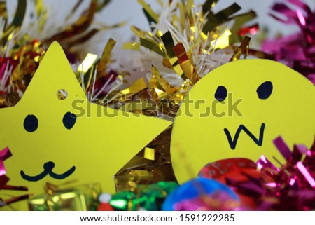 yellow color of star and circle with cartoon hand drawing put in gold ribbon, christmas and happy new year pattern.  