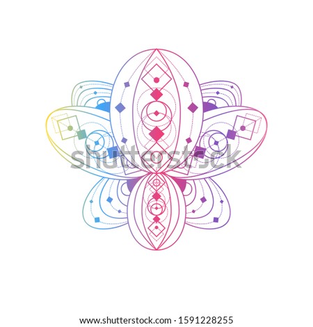 Lotus flower with geometric pattern vector linear illustration. Oriental floral gradient symbol
