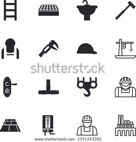 construction vector icon set such as: protect, scale, calipers, convenience, cut, human, appliance, image, stairway, clean, pipes, living, keyhole, machine, plastic, tap, measure, tomahawk, burner