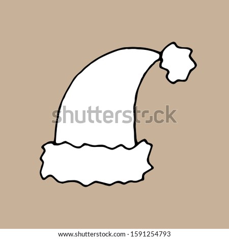 Black and white vector sketch drawing of a christmas hat isolated on nice beige background.