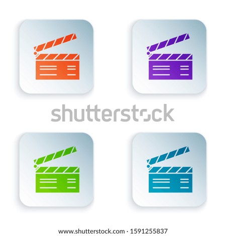 Color Movie clapper icon isolated on white background. Film clapper board. Clapperboard sign. Cinema production or media industry concept. Set icons in colorful square buttons. 