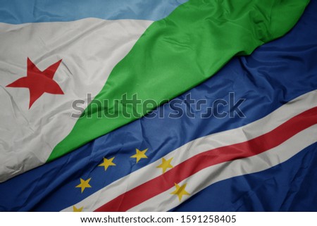 waving colorful flag of cape verde and national flag of djibouti. macro