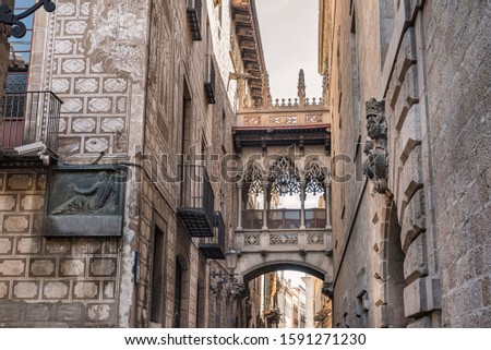 Barcelona Gothic quarter, Carrer del Bisbe.
Bridge Between Buildings in Barri Gotic Quarter, Barcelona