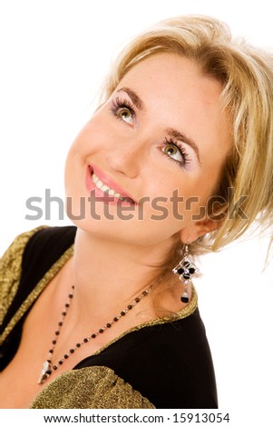 close-up portrait of gladness woman on a white background