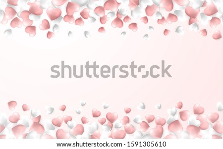 Happy Valentines Day background, pink and white hearts on light pink background. Vector illustration.