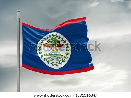Belize national flag cloth fabric waving on beautiful grey sky.